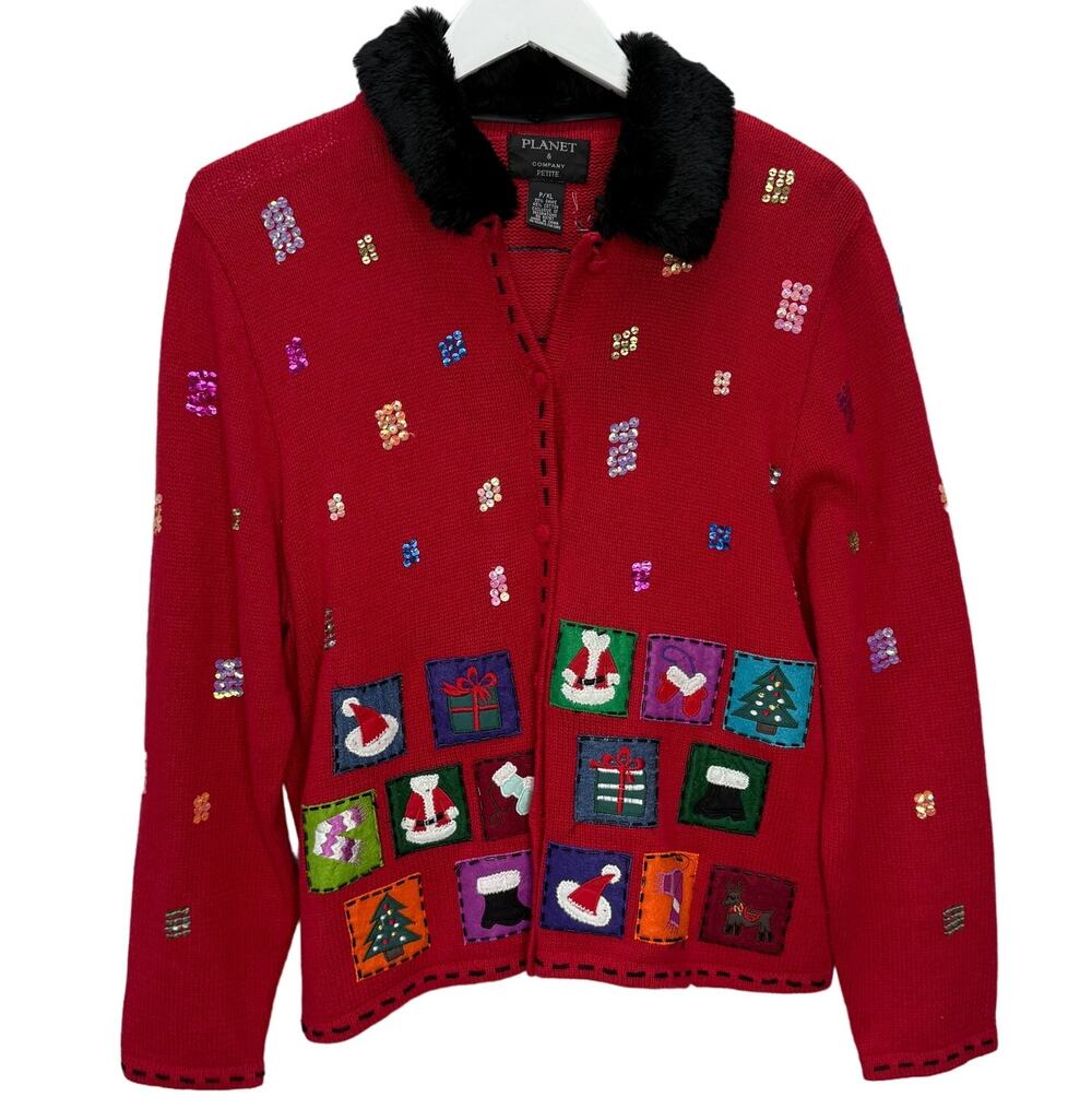 Vintage Planet Faux Fur Collar Christmas Cardigan Sweater Petite XL Beaded